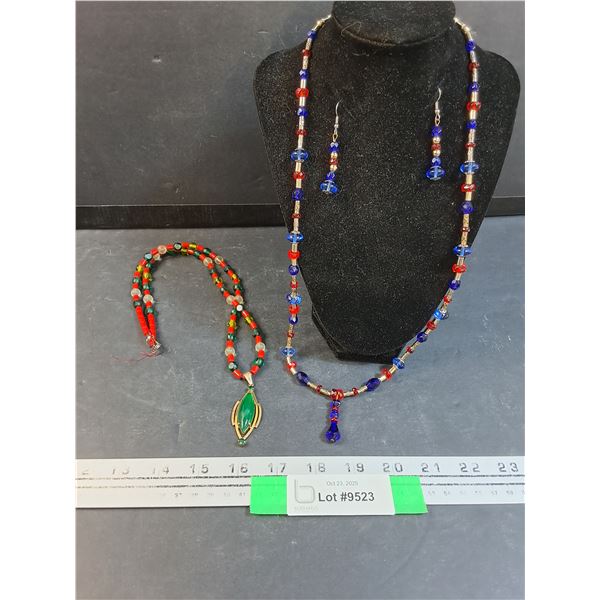 (2) Vintage Beaded Necklaces & Matching Earring Set - Smoky Jasper, Lime Crackle Glass, Frosted Matt