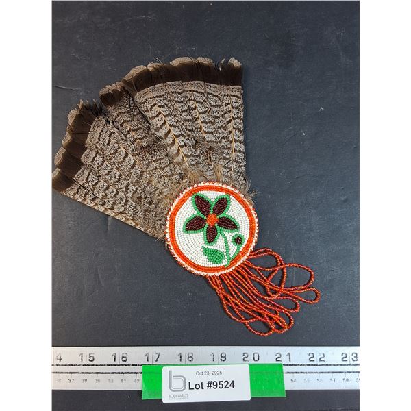 Indigneous Smudging Beaded Feather/Prayer Fan - 8" Long