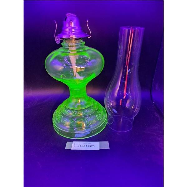 Scroll & Fern Pattern Uranium Glass Kerosene/Oil Lamp w/Hurricane