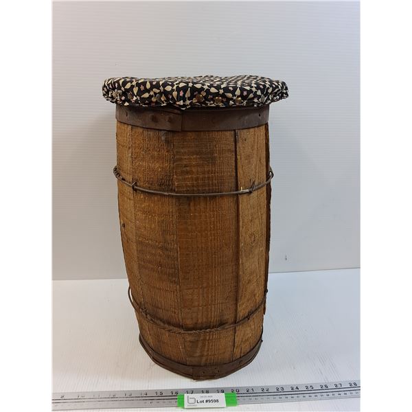 Vintage Wooden Barrel w/Upholstered Lid - 19" x 10"