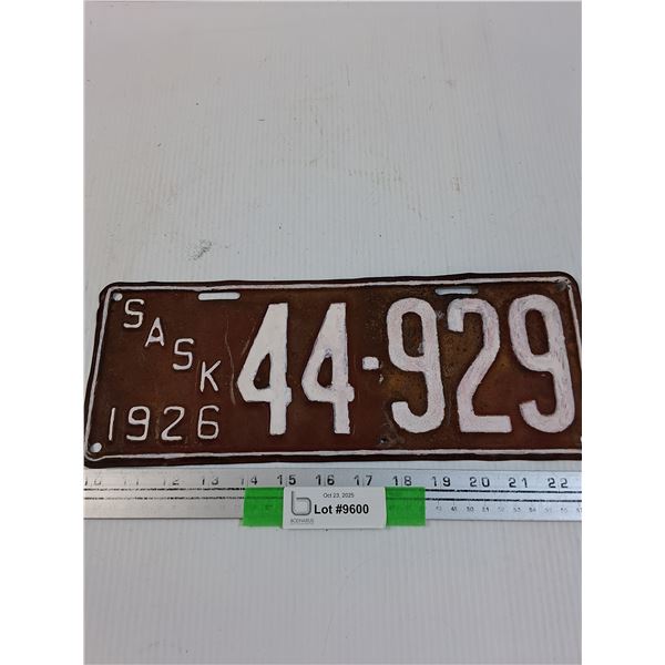 Saskatchewan License Plate: 1926 - Painted
