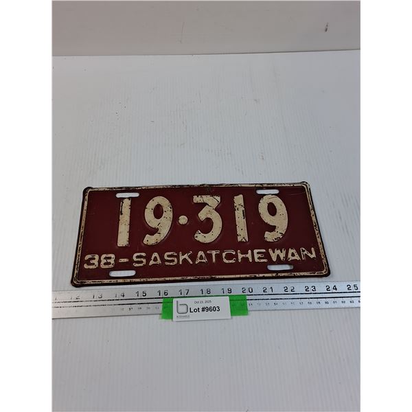 Saskatchewan License Plate: 1938