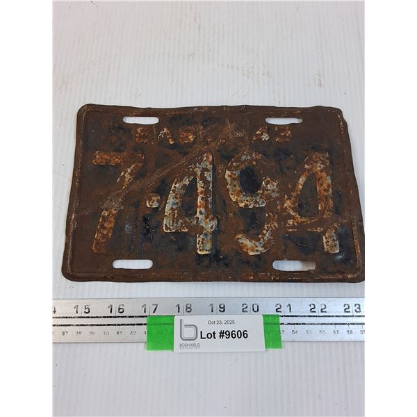 Saskatchewan License Plate: 1943