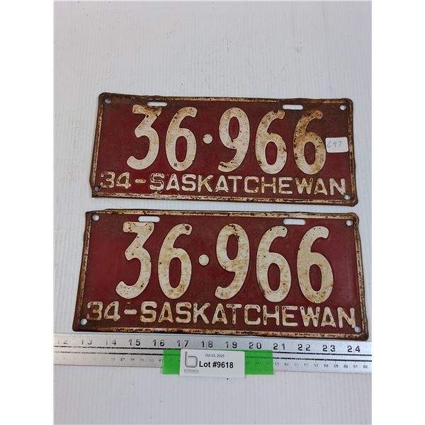(2) Saskatchewan License Plate: 1934 Set