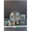 Image 1 : Lot: Large Rose Bowl, Vintage Canning Jar, Insulator, (2) Wick Jar Lamps, Misc