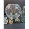 Image 3 : Lot: Large Rose Bowl, Vintage Canning Jar, Insulator, (2) Wick Jar Lamps, Misc