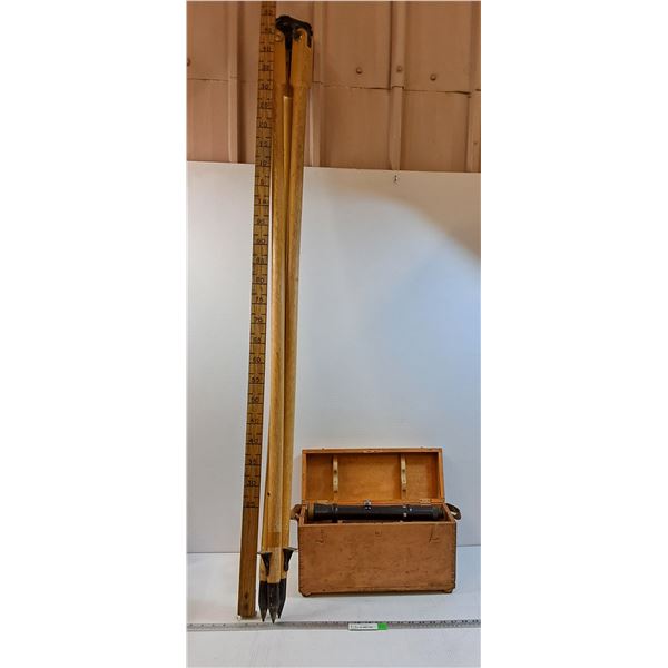 * Vintage Survey Equiptment - Tripod, View Scope in Wooden Case, Meter Stick - CANNOT SHIP