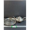 Image 1 : Silver Plated Tea Pot & Serving Platter - 12" Diameter