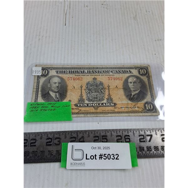 Vintage 1935 Royal Bank of Canada $10 Bank Note