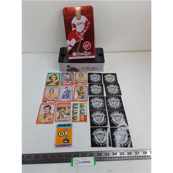 OPC 2008/09 NHL Collector Cards Tin, (10) Gretzky Stickers, (10) 1970's NHL Player Cards