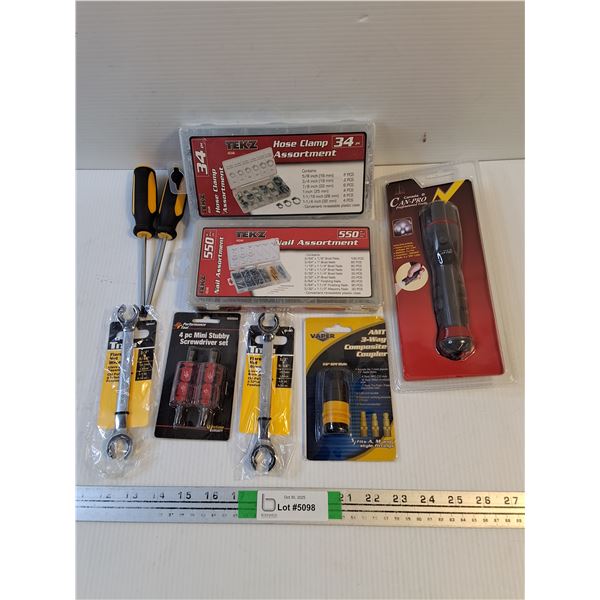 NOS Nail Assortment,Hose Clamps,Mini Screwdriver Set,Coupler,Flashlight,(2)Wrenches and (2) Screwdri