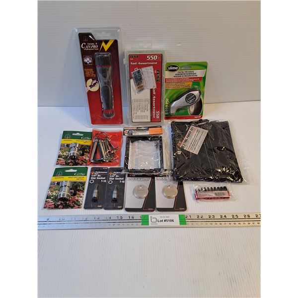 550 Piece Nail Assortment,Digital Tire Gauge,Flashlight,Hex Key Set and more as pictured