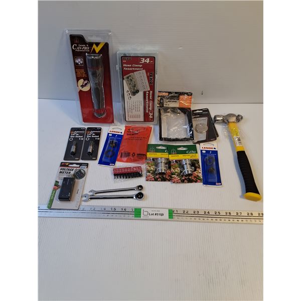 (34) Pc.Hose Clamp Assortment,Flashlight,Hex Key Set,Ballpein Hammer and Assorted Hardwares