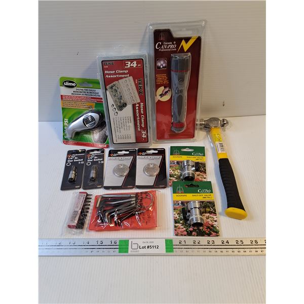 Ballpein Hammer,Flashlight,Hose Clamp Set,Hex Key Set and more as pictured