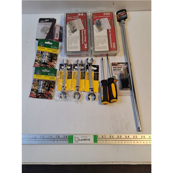 Hose Clamp Assortment,Nail Assortment,18" Extension,(3) Wrenches,(2) Scrwdrivers and more as picture