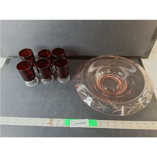 Etched Glass Bowl & (6) Wine Glasses