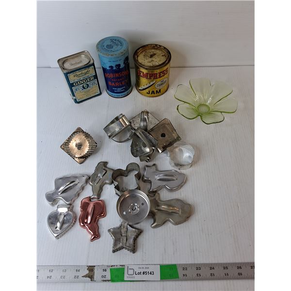 (3) Vintage Tins, Metal Cookie Cutters & Flower Tealight Holder