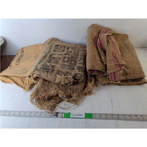 (5) Coffee Burlap Sacks Up to 29" x 27.5", Some Cut Open