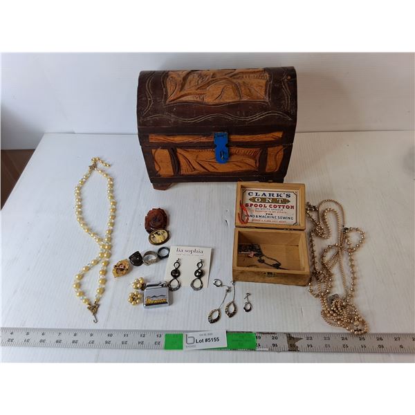 Wooden Jewelry Box 11" x 6.5" x 8.5" & Jewelry- Broaches, Rings- 9 & 11, Necklaces, Misc.