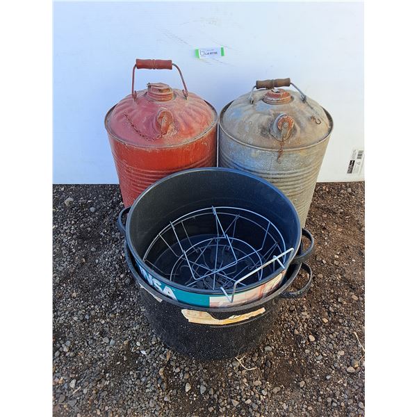 ** (2) Metal Gas Cans, Canning Pots/Trays - Pickup Only