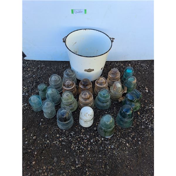 ** Metal Pail w/20 Glass Insulators - Pickup Only