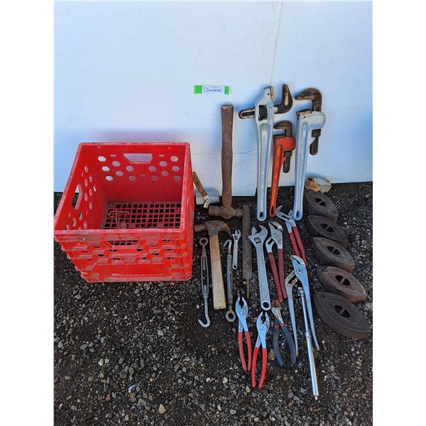 ** Assorted Hand Tools, Vintage Sad Irons, Valves, Milk Crate - Pickup Only