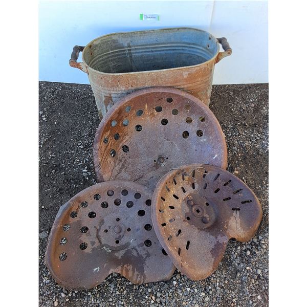** Galvanized Boiler - 22x12x13", (3) Vintage Metal Tractor Seats - Pickup Only