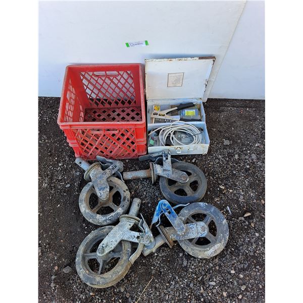 ** Set of 4 Scaffold Wheels, 1st Aid Kit w/Rivet Gun/Rivets, Milk Crate - Pickup Only
