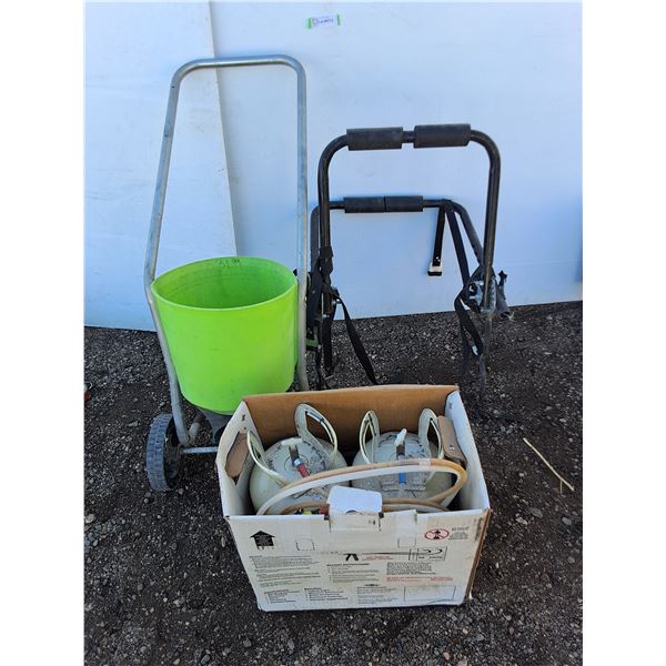 ** Fertilizer Spreader, Bicycle Car Rack, Pair of Empty Propane Tanks w/Hoses - Pickup Only