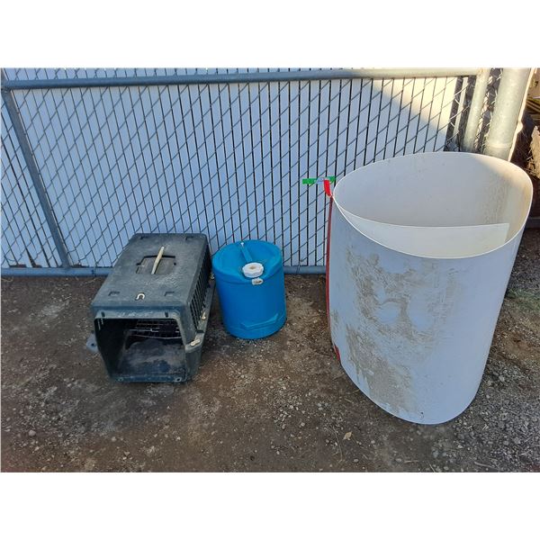 **Pet Kennel, Water Jug, Roll of Plastic Sheeting Approx. 93" x 28", Cannot Ship