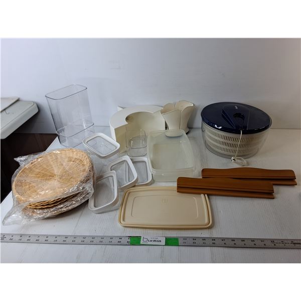 Salad Spinner, (8) Woven Plates, Plastic Containers, Misc.