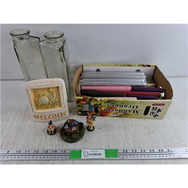 (2) Glass Vases, Ceramic Ornaments, Candles