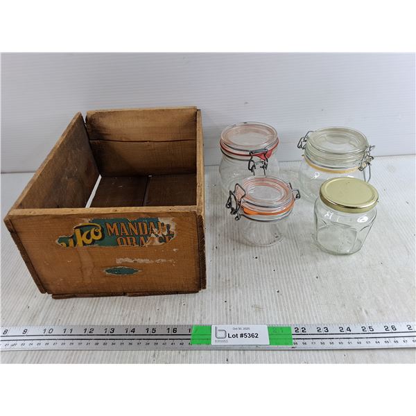 Vintage Wooden Mandarin Crate 12" x 9" x 5", Glass Jars