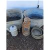 Image 3 : **Vintage Lantern, Metal Tea Pot, Bowls, Galvanized Tubs 21" x 11", 20" x 11", Cannot Ship