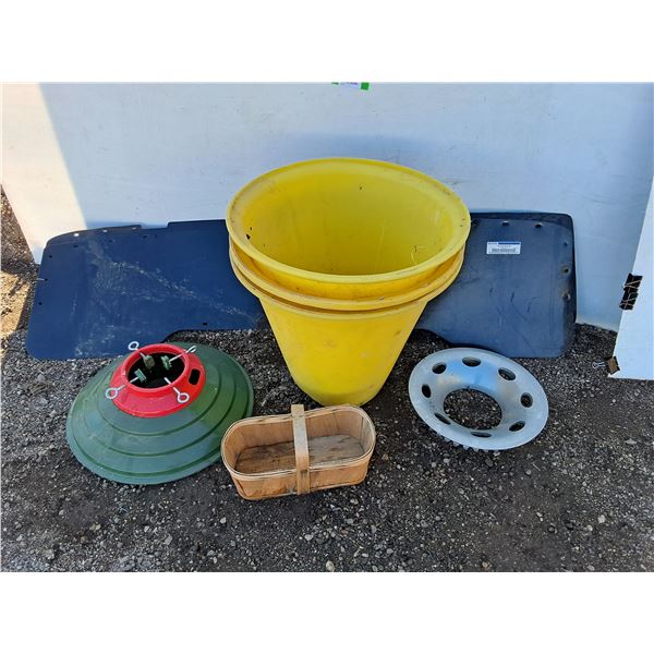 **Christmas Tree Stand, Ford Bug Shields, Wooden Basket, (3) Large Planters 20" x 23", Hub Cap