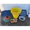 Image 1 : **Christmas Tree Stand, Ford Bug Shields, Wooden Basket, (3) Large Planters 20" x 23", Hub Cap
