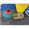 Image 2 : **Christmas Tree Stand, Ford Bug Shields, Wooden Basket, (3) Large Planters 20" x 23", Hub Cap