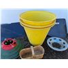 Image 3 : **Christmas Tree Stand, Ford Bug Shields, Wooden Basket, (3) Large Planters 20" x 23", Hub Cap