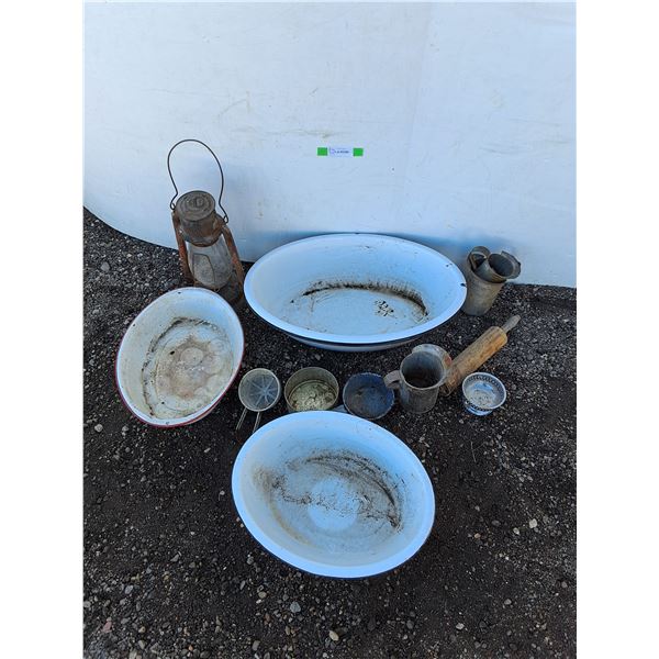 **Kerosene Lantern, Flour Strainer, Vintage Cups, Dough Roller, Enamel Tubs , Cannot Ship