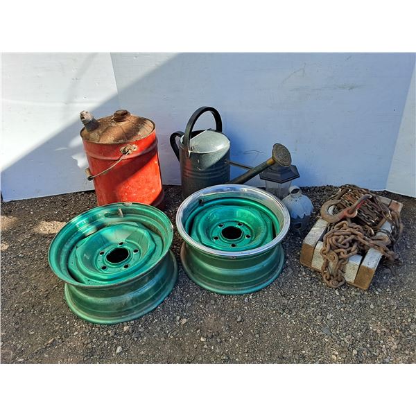 **(2) 15" Rims, Watering Can, Vintage Fuel Can, Bird Feeder, Hoist, Misc, Cannot Ship