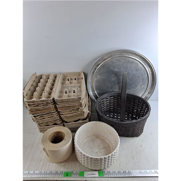 Egg Cartons, Wicker Basket, 18"  Aluminum Platters, Ceramic Planter, Sticker Roll - Cannot Ship