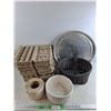 Image 1 : Egg Cartons, Wicker Basket, 18"  Aluminum Platters, Ceramic Planter, Sticker Roll - PICK UP ONLY