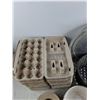 Image 7 : Egg Cartons, Wicker Basket, 18"  Aluminum Platters, Ceramic Planter, Sticker Roll - PICK UP ONLY