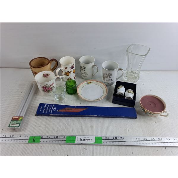 Various Mugs, Porcelain Salt & Pepper Shakers, Candles, Glass Vase, Flower Tapers, Misc