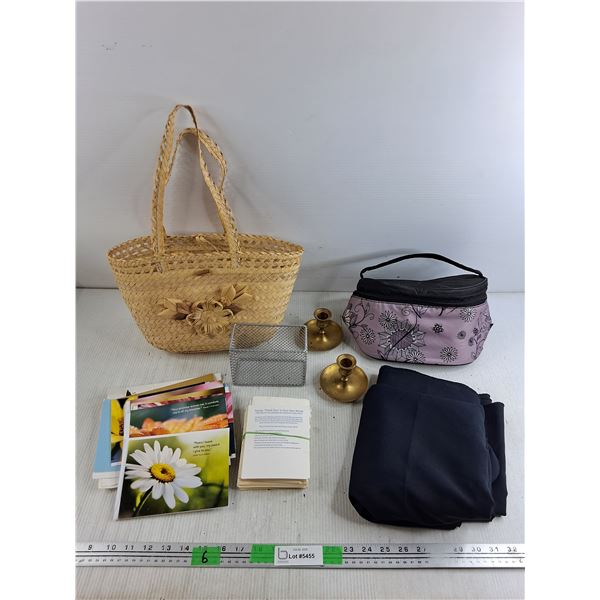 Wicker Purse, Bible Verse Cards, (2) Brass Candle Holders, Fabric, Misc
