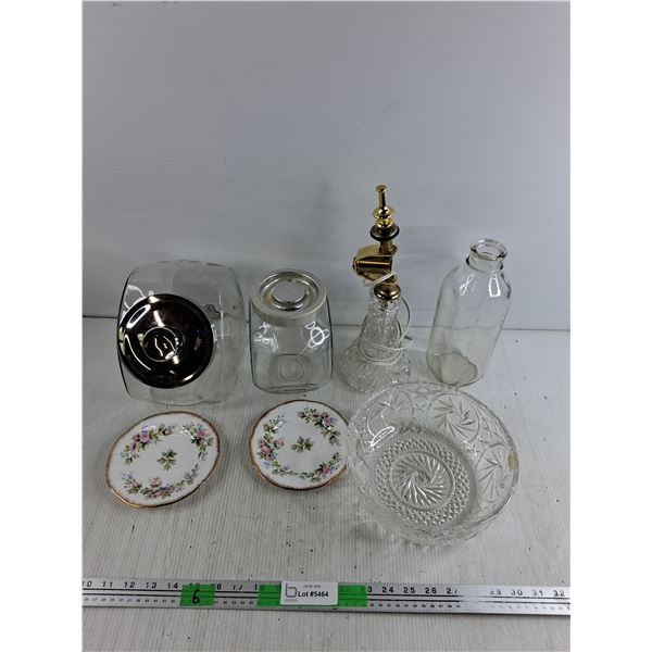 Kitchen Storage Canisters, Crystal 9" Bowl, Fine Bone Roslyn Saucers, Desk Top Lamp, Glass Bottle - 