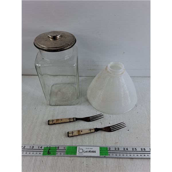 Kitchen Storage Canister, Milk Glass Lamp Shade, Antique Forks