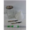 Image 1 : Kitchen Storage Canister, Milk Glass Lamp Shade, Antique Forks