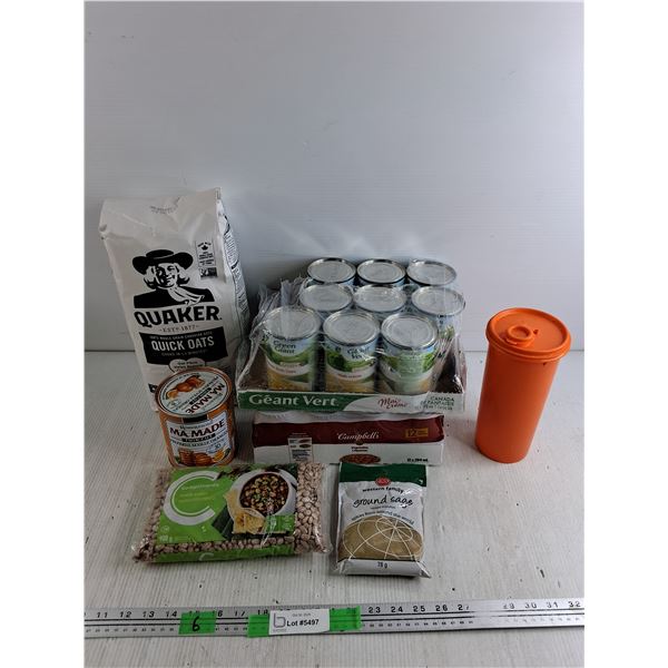 Quaker Quick Oats, Canned Oranges, Pinto Beans, Canned Corn, Campbell Veg Soup, Misc, Tupperware Cup