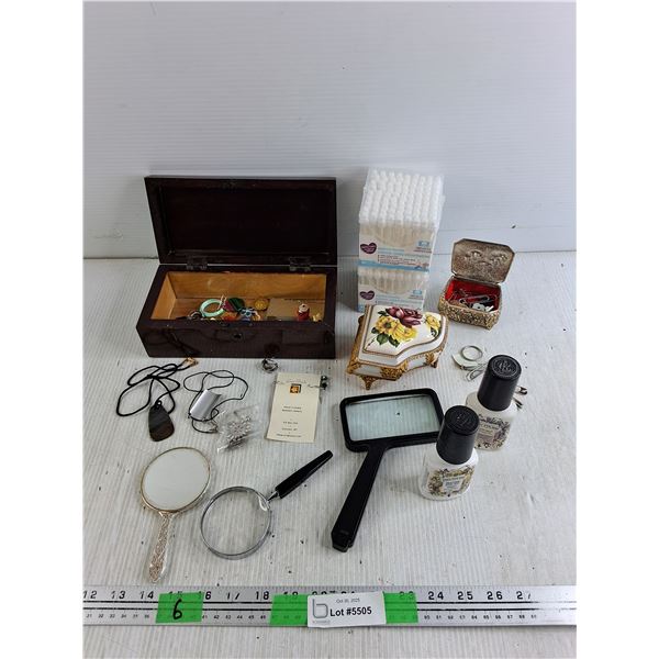 Jewelry Boxes, Magnifying Glasses, Small Mirror, Necklaces, Cotton Swabs, Earrings